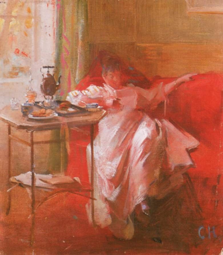 Lesende Dame auf rotem Sofa av Curt Herrmann
