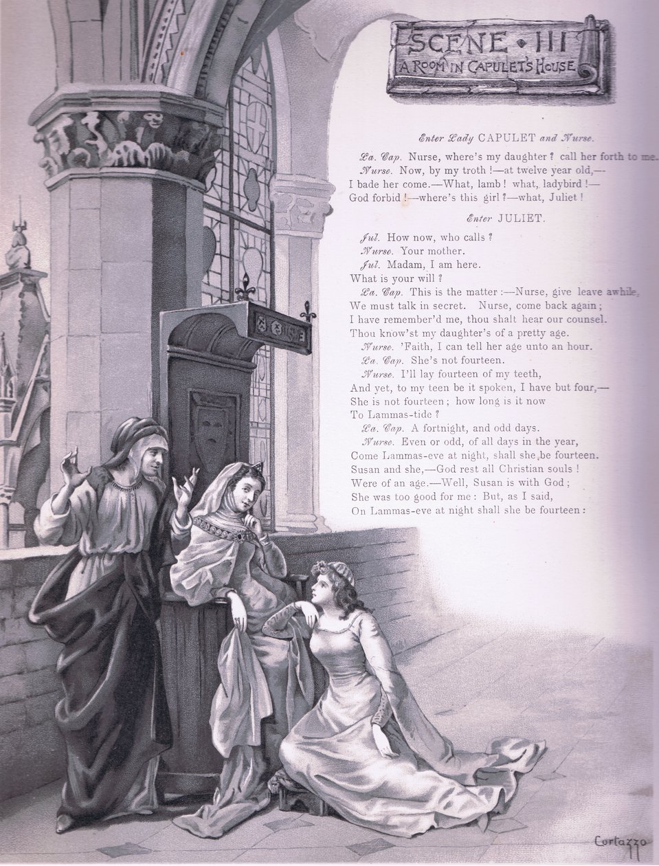 Ett rum i Capulets hus, illustration från Romeo och Julia, av Curtazzo Curtazzo