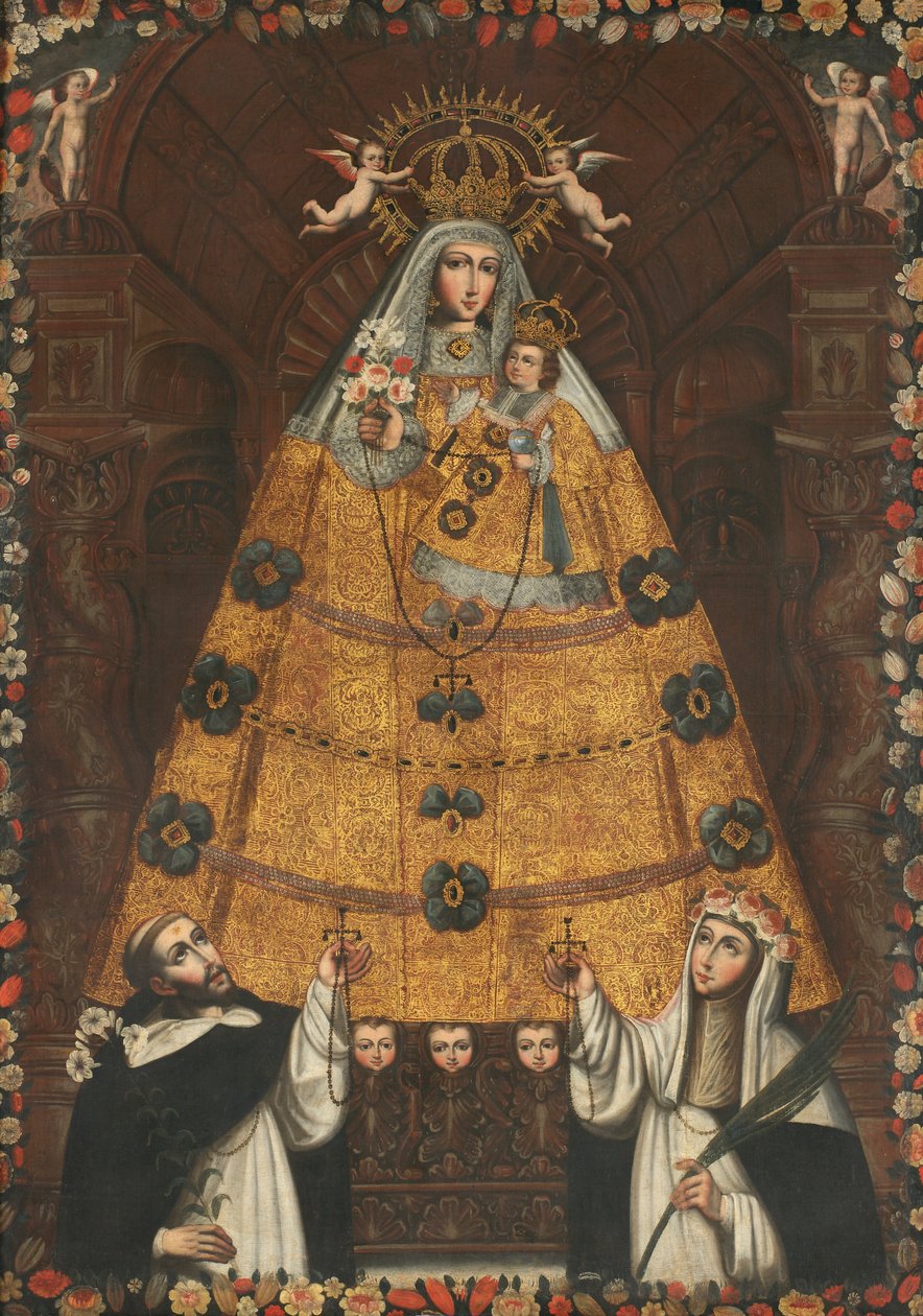 Vår Fru av rosenkransen med Saint Dominic och Saint Rose av Cuzco School