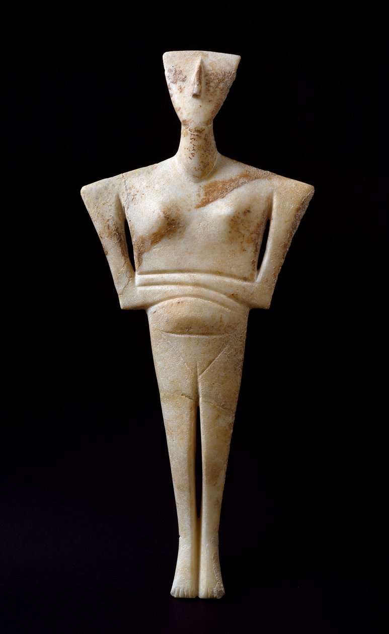 Art of Cyclades: "" kvinnlig statyett""" marmoridol från Syros. 3000 f.Kr. Kykladiska civilisationen (-3200 a -2000) Sön. 46 cm Athens, National Archaeological Museum - Kvinnlig idol, från Syros - Marmorskulptur (H.46 cm), kykladisk kuvilisation, c.3000 f. av Cycladic