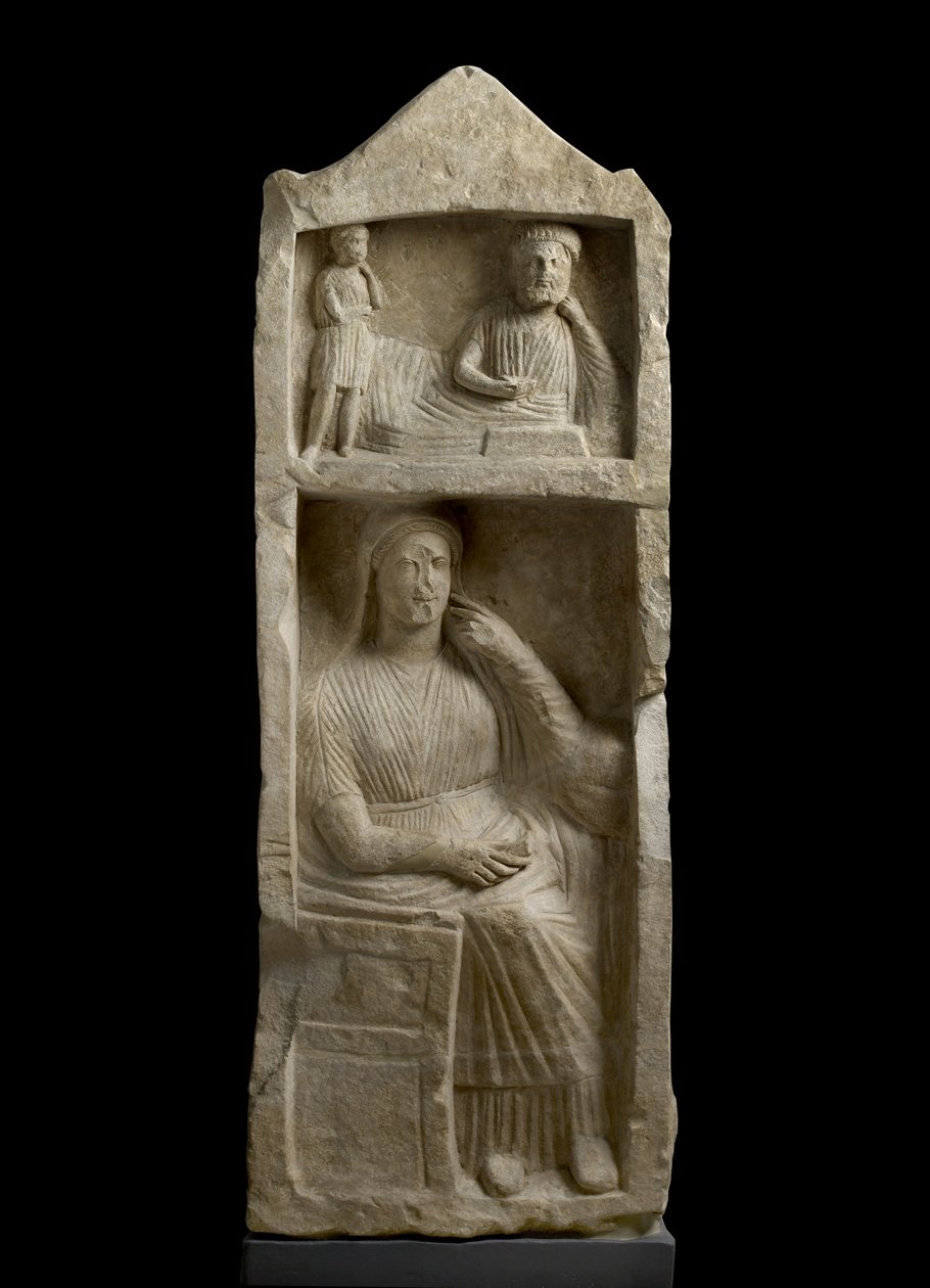 Kalkstensgravstele, relief av en skäggig bankett med pojkeskötare och en sittande kvinna, ca 325-30 f.Kr. (kalksten) av Cypriot