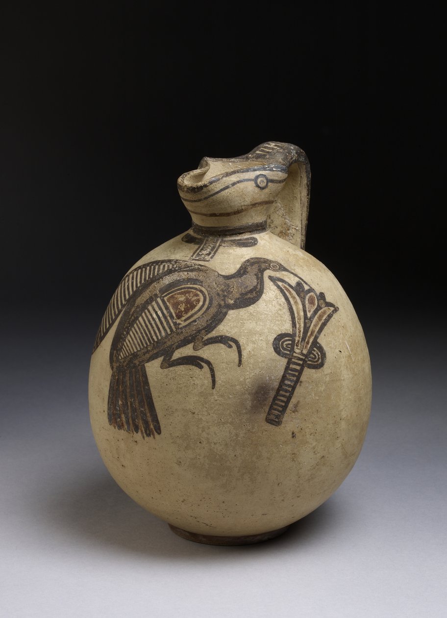 Squat bikrom kanna i frifältsstil med bild av fågel som plockar en lotusblomma, cypro-arkaisk period, c.750-480 f.Kr. (keramik) av Cypriot