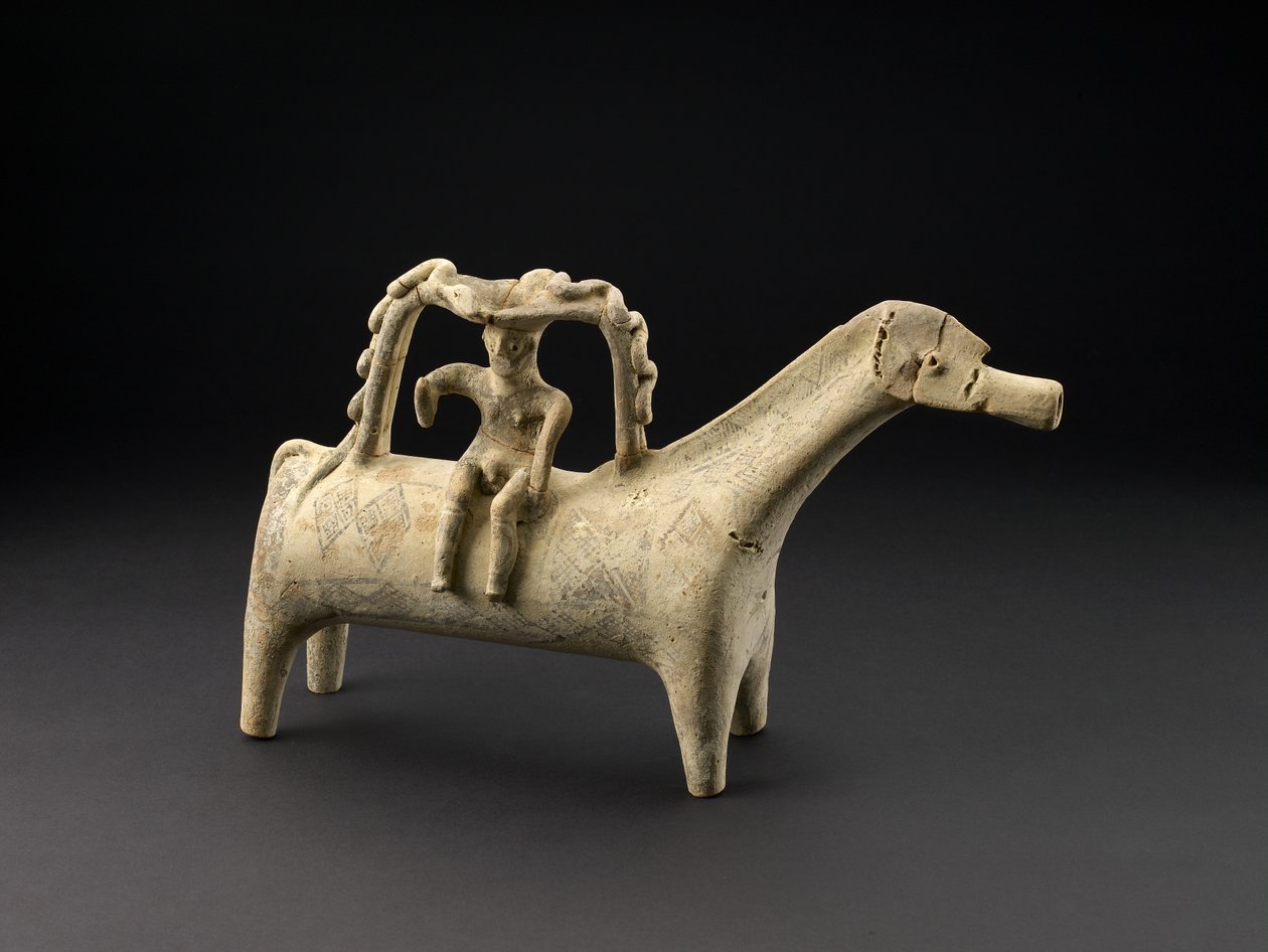 Terracotta horse rhyton med ryttare som en del av handtaget på ryggen, sencypriotisk IIIB Period, c.1125-1050 f.Kr. (keramik) av Cypriot