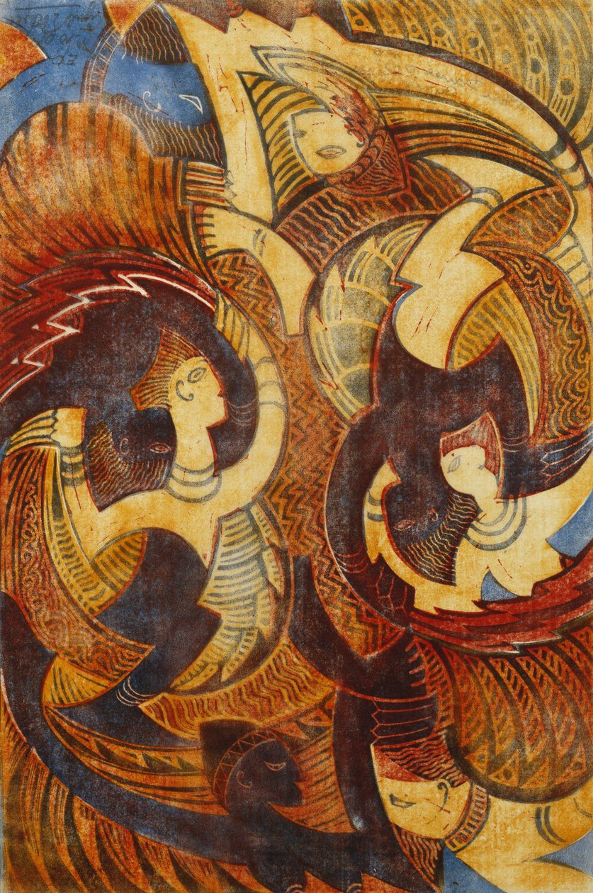 Fire-Dance, c. 1931 (linosnitt tryckt i färger på tunt Japan) av Cyril Edward Power