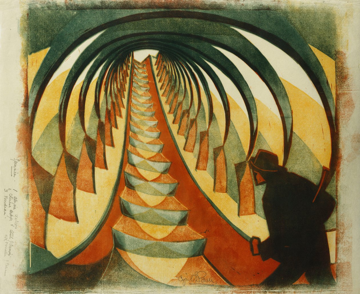 Rulltrappan, ca. 1929 (linosnitt tryckt i färger på tunt Japan) av Cyril Edward Power