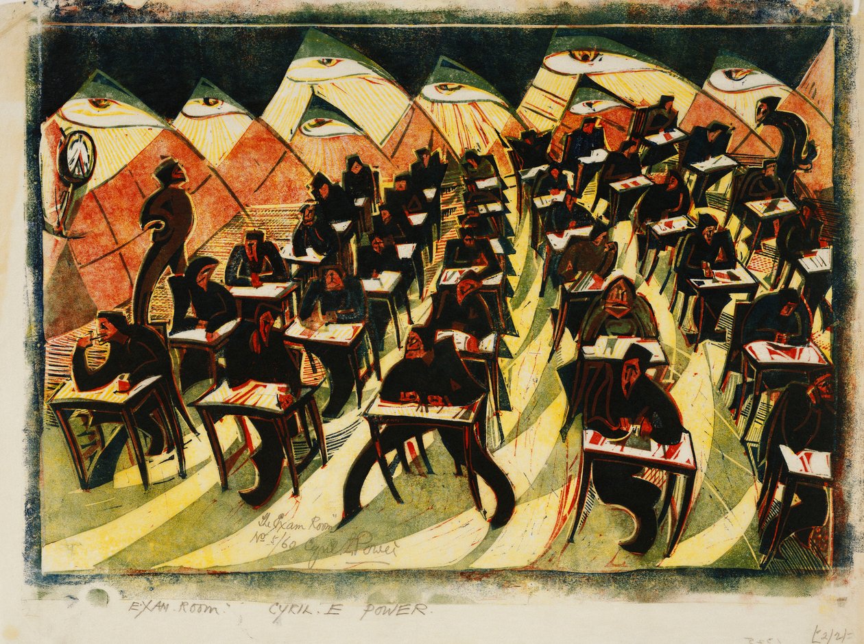 Tentamensrummet, c. 1934 (linosnitt tryckt i färger på tunt Japan) av Cyril Edward Power