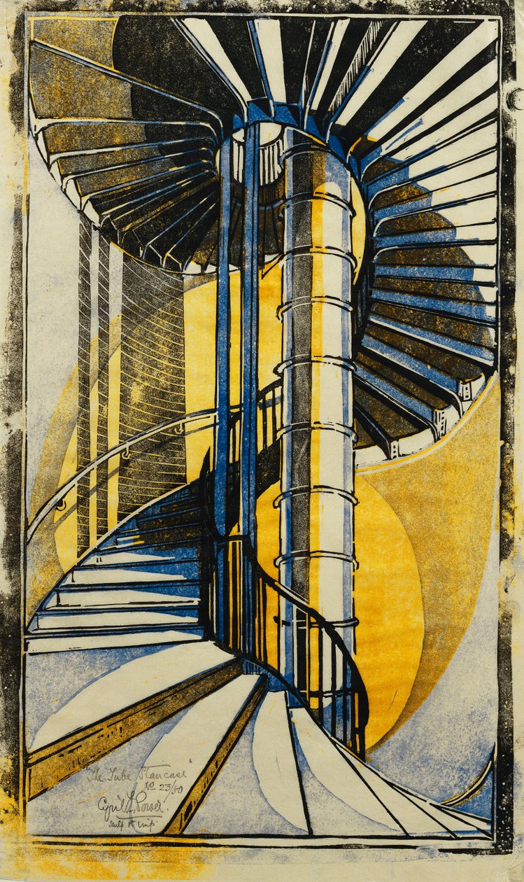 The Tube Staircase, c.1930 (linosnitt tryckt i färger på vävnad Japan) av Cyril Edward Power