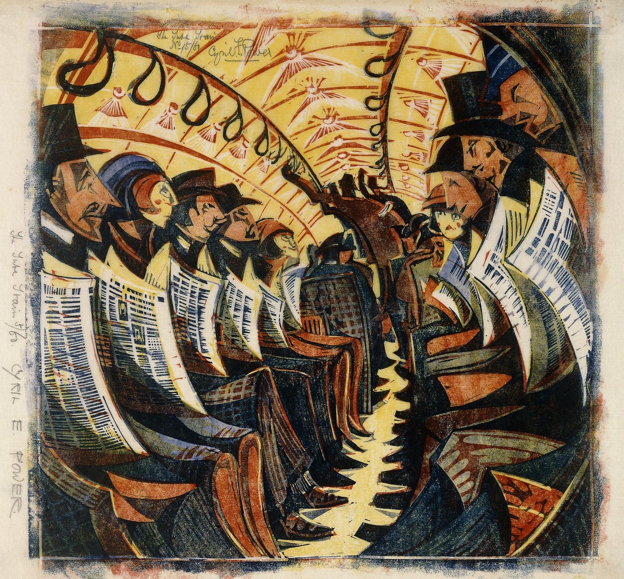 The Tube Train, c.1930 (linosnitt tryckt i färger på vävnad Japan) av Cyril Edward Power