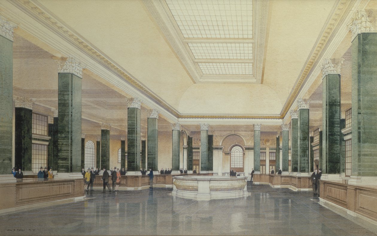 Interiör från bottenvåningen i Midland Bank, London av Cyril Farey