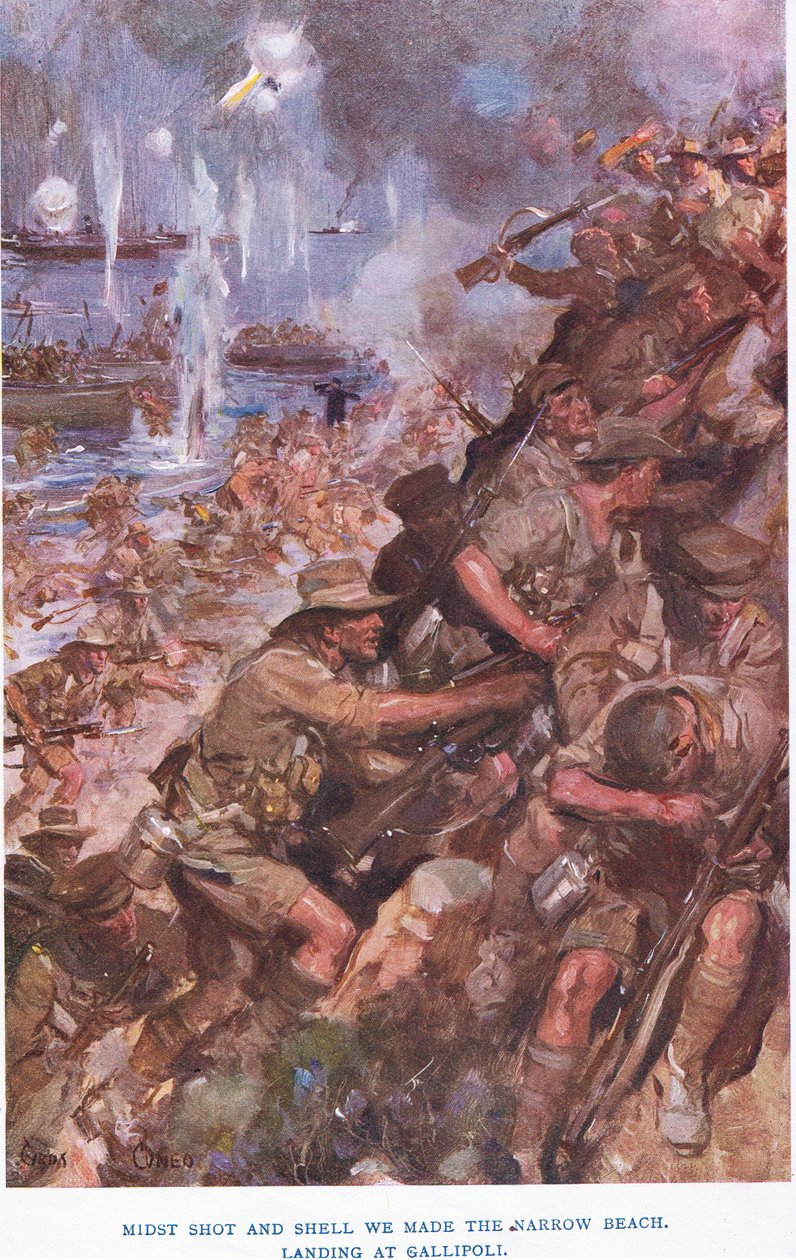 Landning vid Gallipoli. Mitt i skott och skal gjorde vi den smala stranden av Cyrus Cuneo