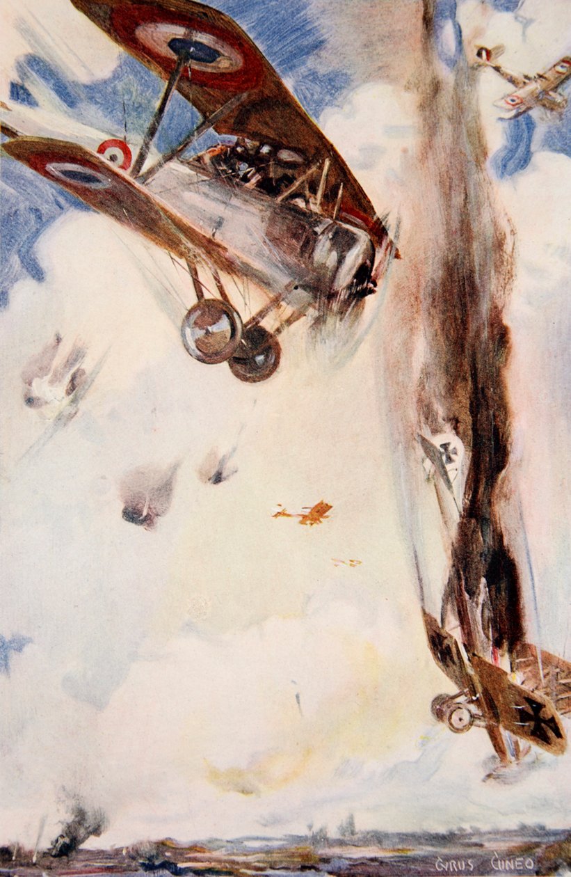 "Fienden kraschade till jorden i en kolumn av låga och rök", illustration från "Told in the Huts: The YMCA Gift Book", publicerad 1916 av Cyrus Cuneo