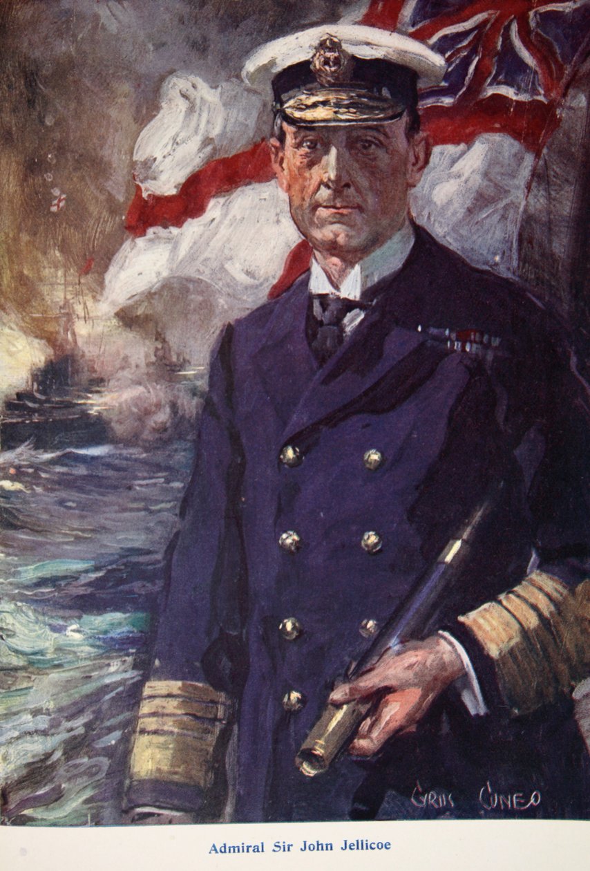 Amiral Sir John Jellicoe, illustration från "Told in the Huts: The YMCA Gift Book", publicerad 1916 av Cyrus Cuneo