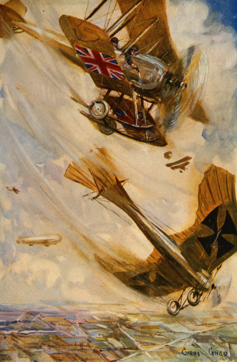 Brittiskt biplan fäller ett tyskt Taube-monoplan med pistoleld, tidigt i kriget (färg litho) av Cyrus Cuneo