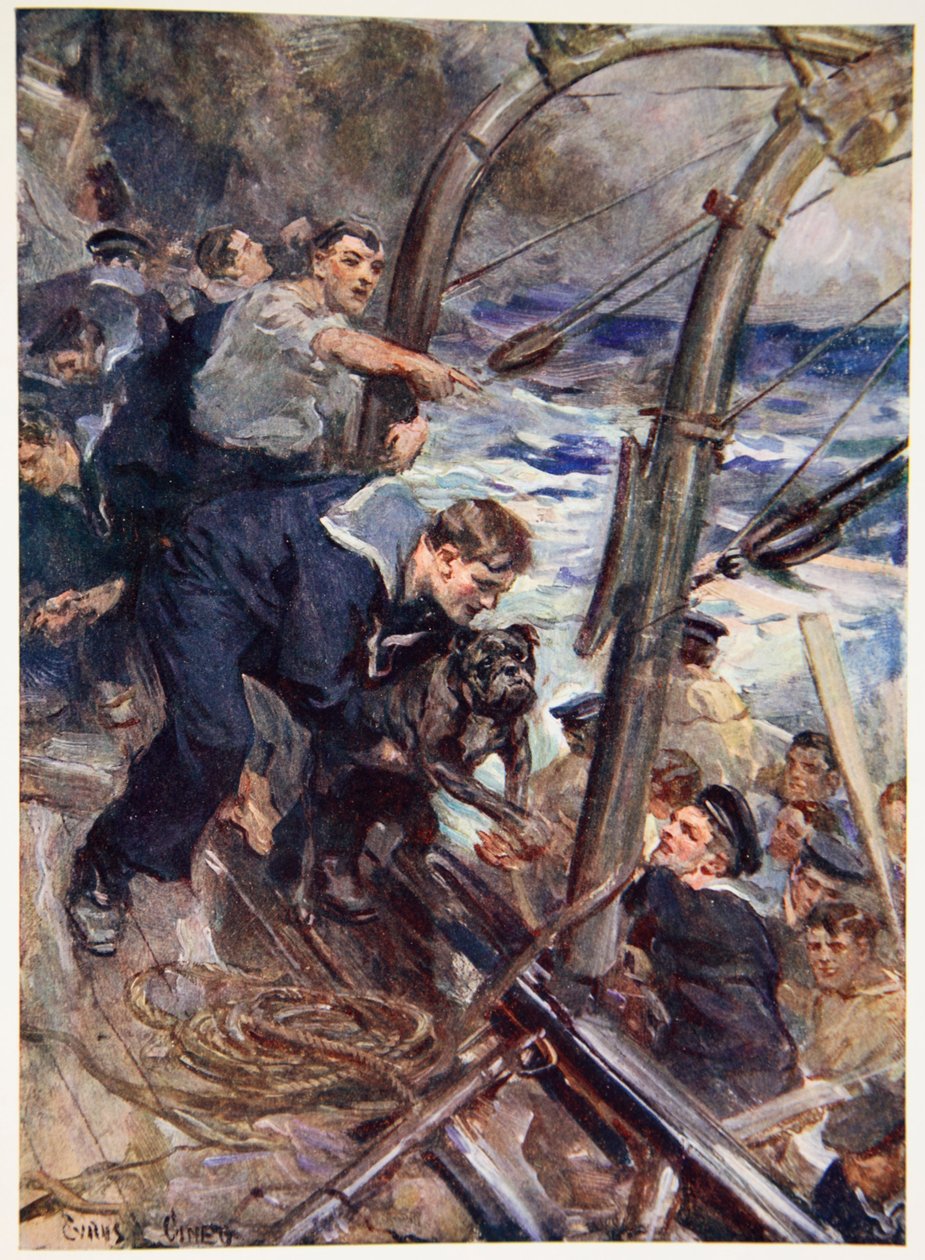 Hur Norah the Bulldog räddades från det sjunkande slagskeppet (färg litho) av Cyrus Cuneo
