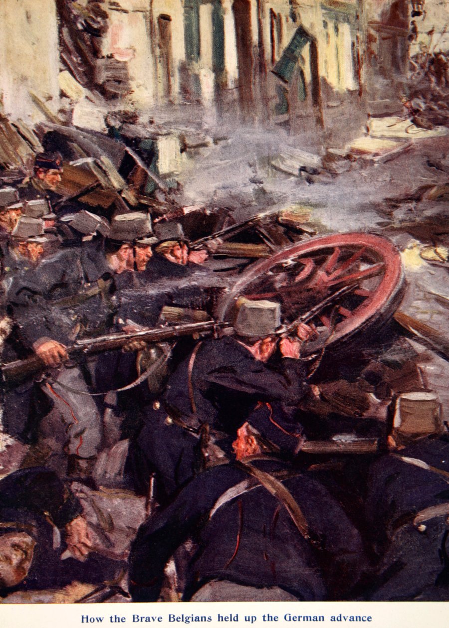 "How the Brave Belgians Held up the German Advance", illustration från "Told in the Huts: The YMCA Gift Book", publicerad 1916 av Cyrus Cuneo