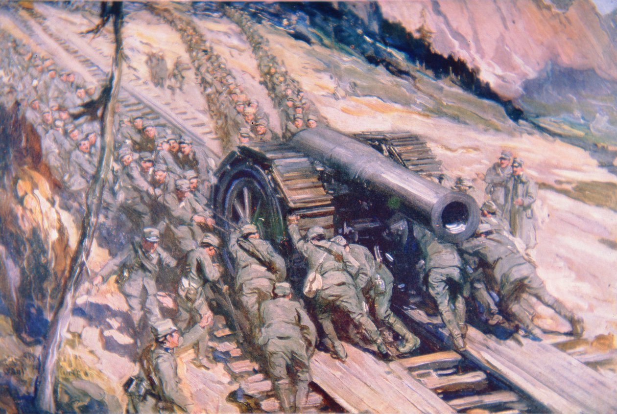 Italienare som drar artilleri uppför ett berg (färg litho) av Cyrus Cuneo