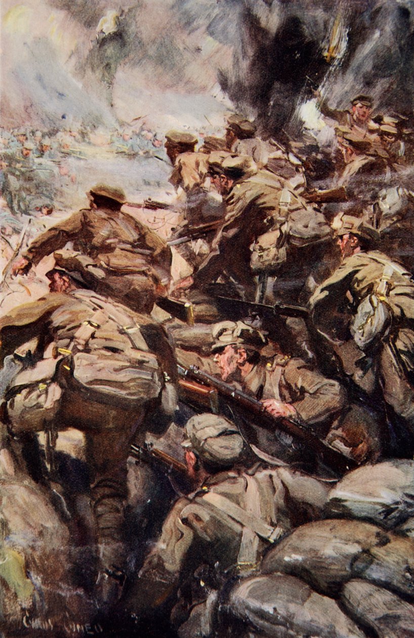 "Att avvärja en frontalattack med gevär och bajonett", illustration från "Told in the Huts": The YMCA Gift Book", publicerad 1916. av Cyrus Cuneo