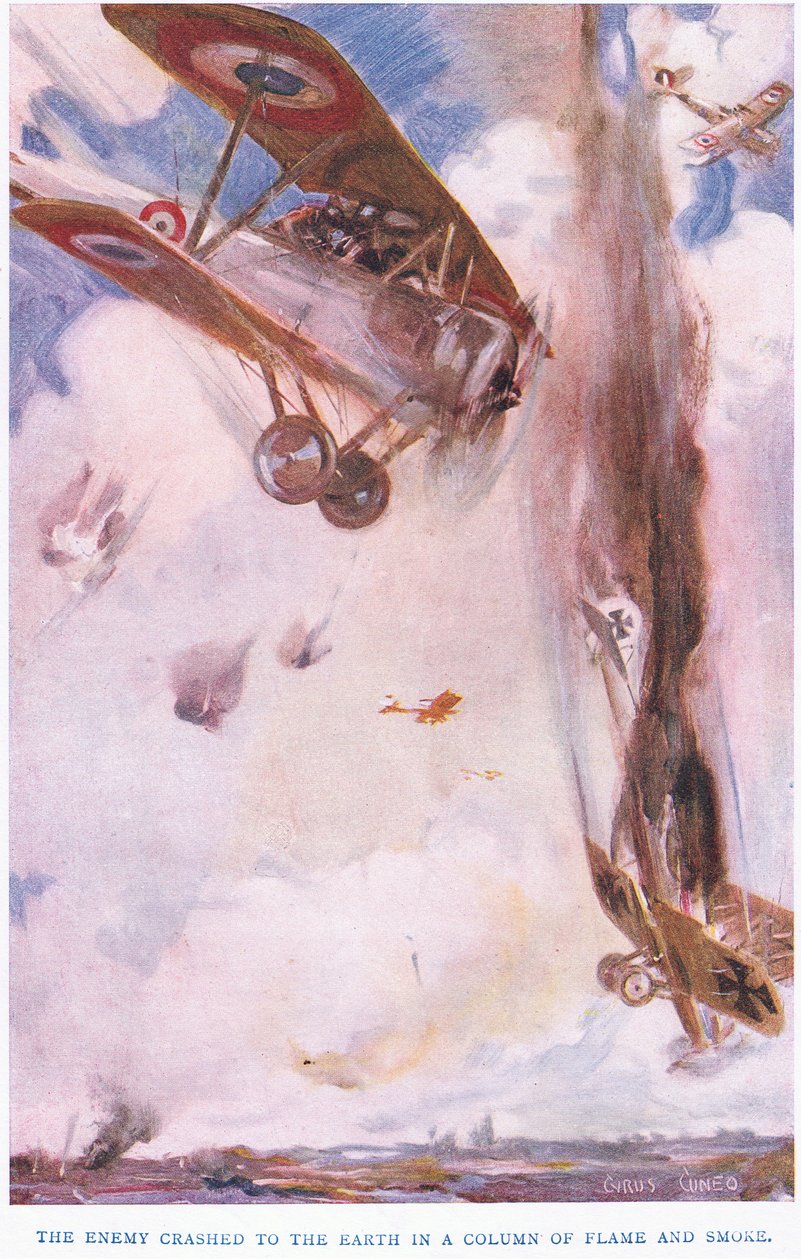 Fienden kraschade till jorden i en rökpelare (färg litho) av Cyrus Cuneo