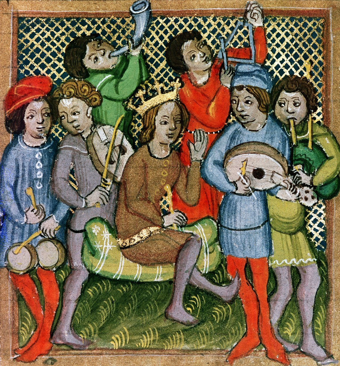 Sittande krönt figur omgiven av musiker som spelar luta, säckpipa, triangel, horn, viola och trummor (manuskript) av Czech School