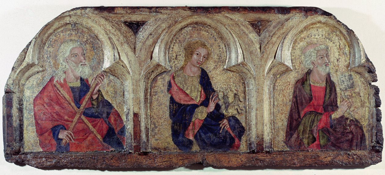 St. Andreas, St, Johannes evangelisten och St. Peter, från vänster panel av Roudnice Predella, ca 1340 (tempera på panel) av Czech School