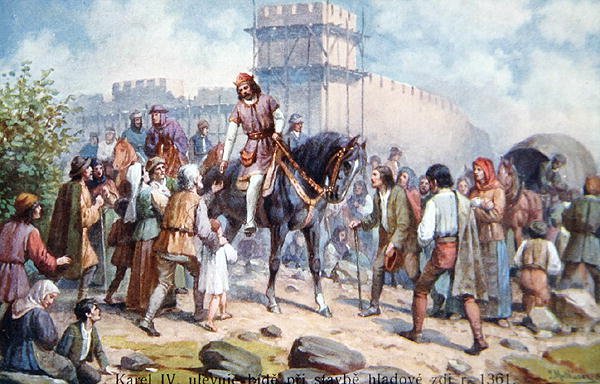 Karl IV hälsar vanliga människor under sin utbyggnad av Prags befästningar 1361, vykort från början av 1900-talet (färg litho) av Czech School