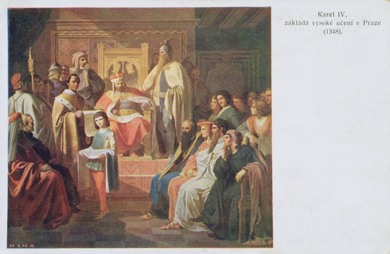 Grundandet av det tyska universitetet i Prag av Karl IV 1348, vykort från början av nittonhundratalet av Czech School