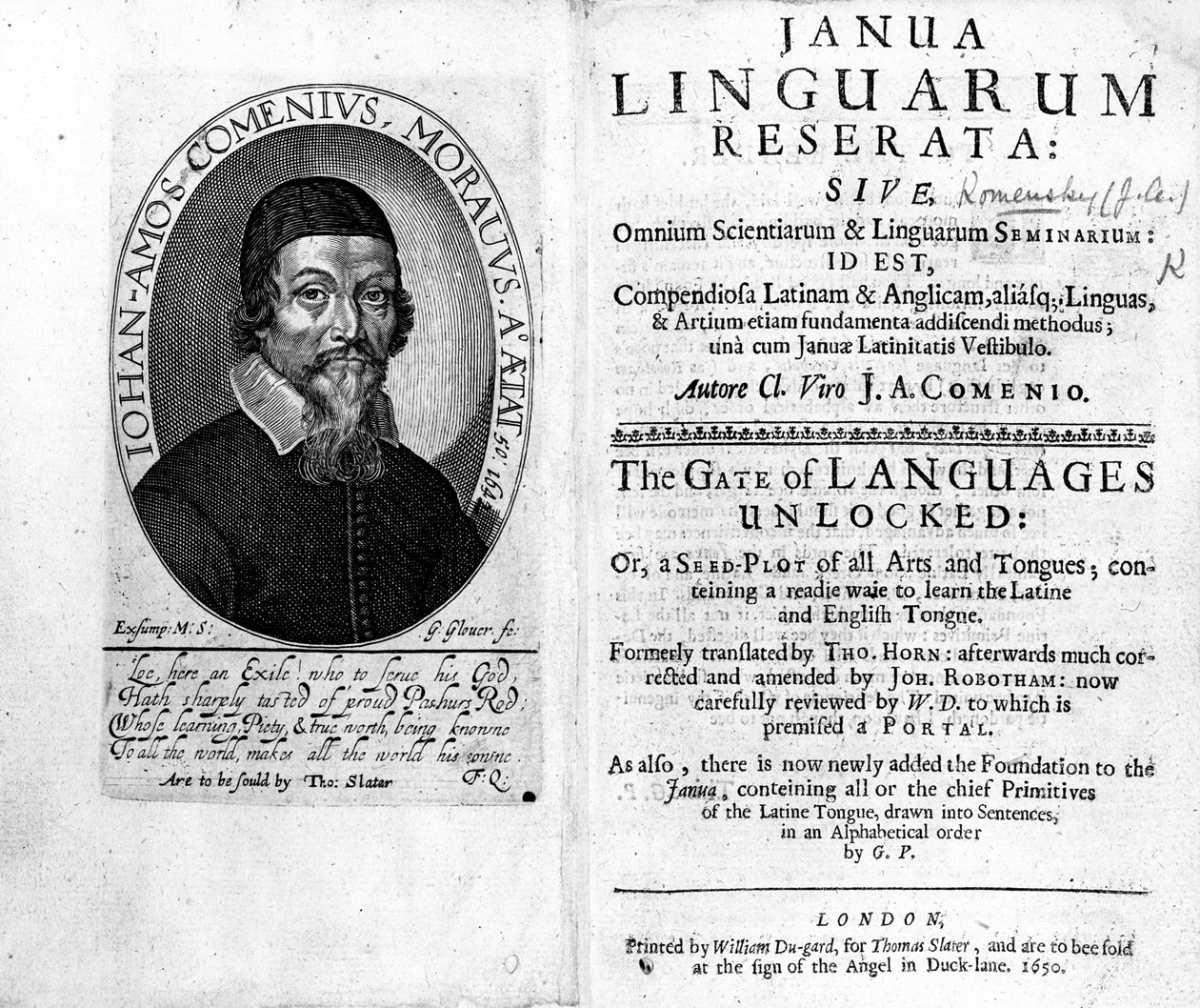Frontispice och titelsida till Janua Linguarum Reserata med ett porträtt av Jan Amos Komensky, graverad av George Glover, 1650 av Czech School