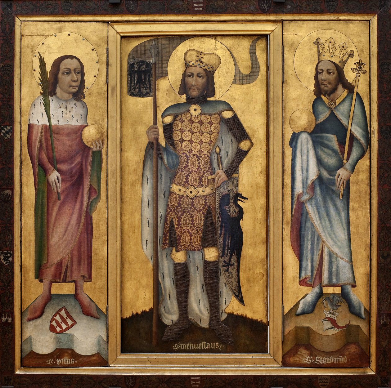 Muhlhausen altartavla (eller Prags altartavla). Öppen altartavla, med de tre huvudsakliga helgonen i Böhme: Saint Vitus (Saint Guy), bärande en palm och en glob, Saint Wenceslas (eller Wenceslas, hertig av Böhme, cirka 907-929) med en maskstorlek och med e av Czech School