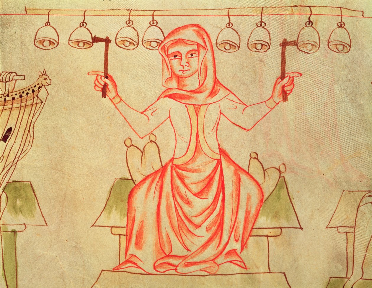 Mx XXIII C.124 Musiker som spelar klockor, från Velislav-bibeln, ca 1340 av Czech School