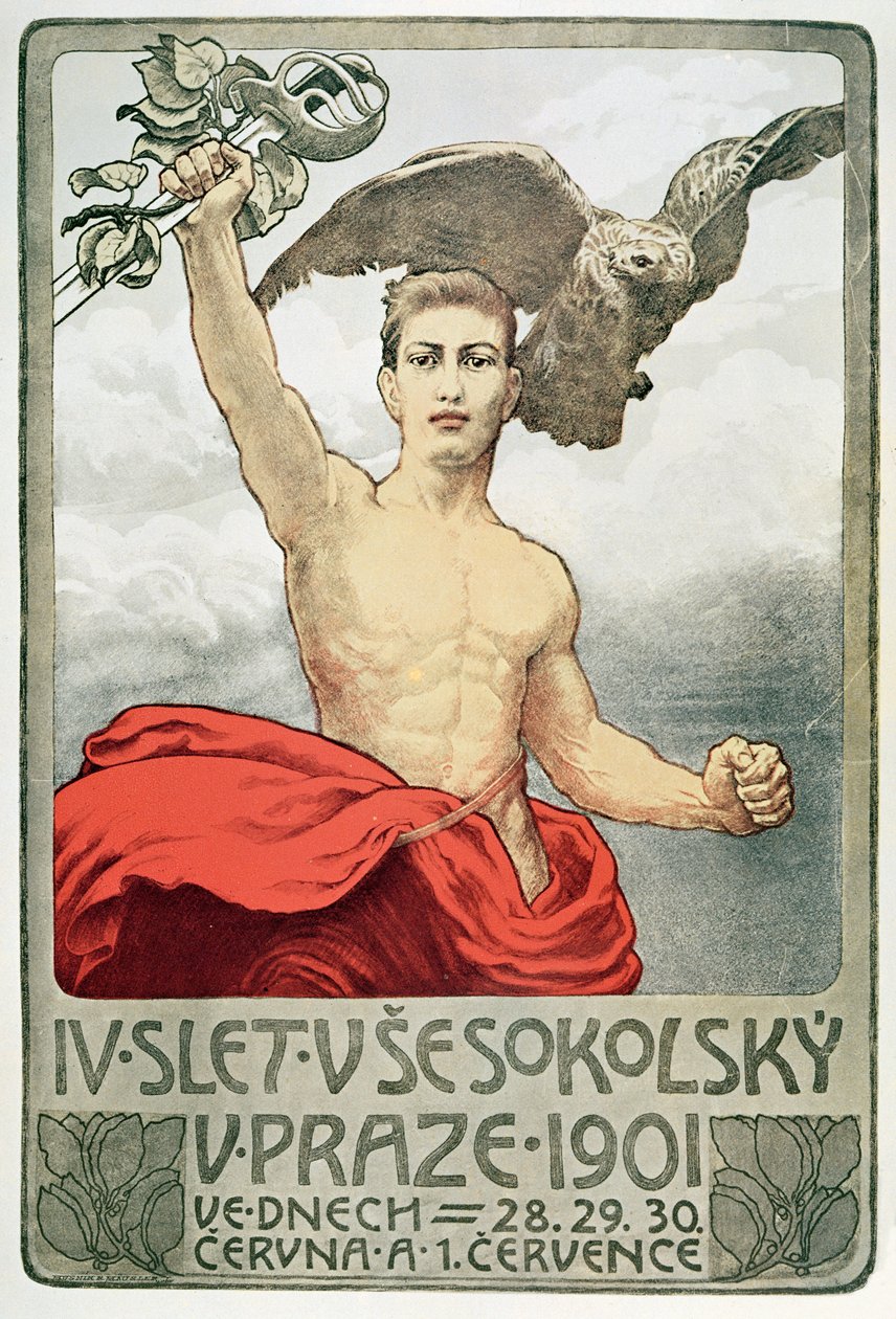 Affisch som annonserar den fjärde församlingen i Sokols i Prag 1901 av Czech School