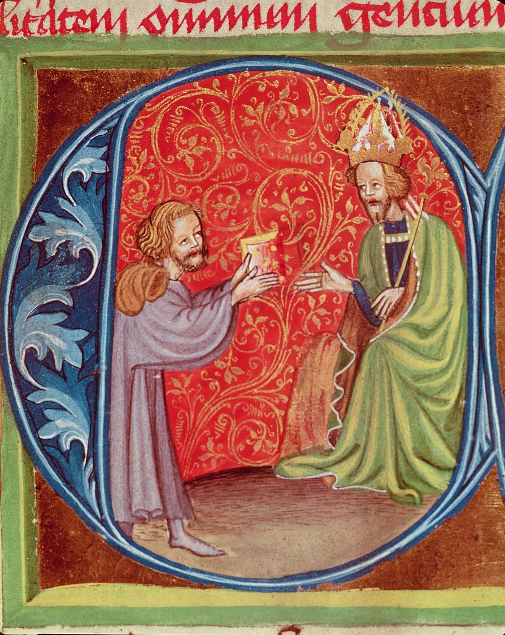 Författaren erbjuder sin bok till Karl IV (1316-1378) av Böhmen, från Opus Ruralium Commodorum av Pietro de Crescenzi (1230-1321) av Czech School