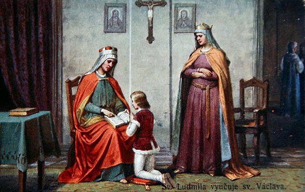 The Education of Saint Wenceslaus av hans mormor Ludmilla, vykort från tidigt 1900-tal (litho i färg) av Czech School