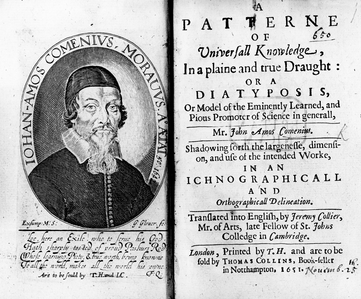 Titelblad och frontispice till A Patterne of Universall Knowledge, inklusive ett porträtt av Jan Amos Komensky, graverat av George Glover, 1651 av Czech School
