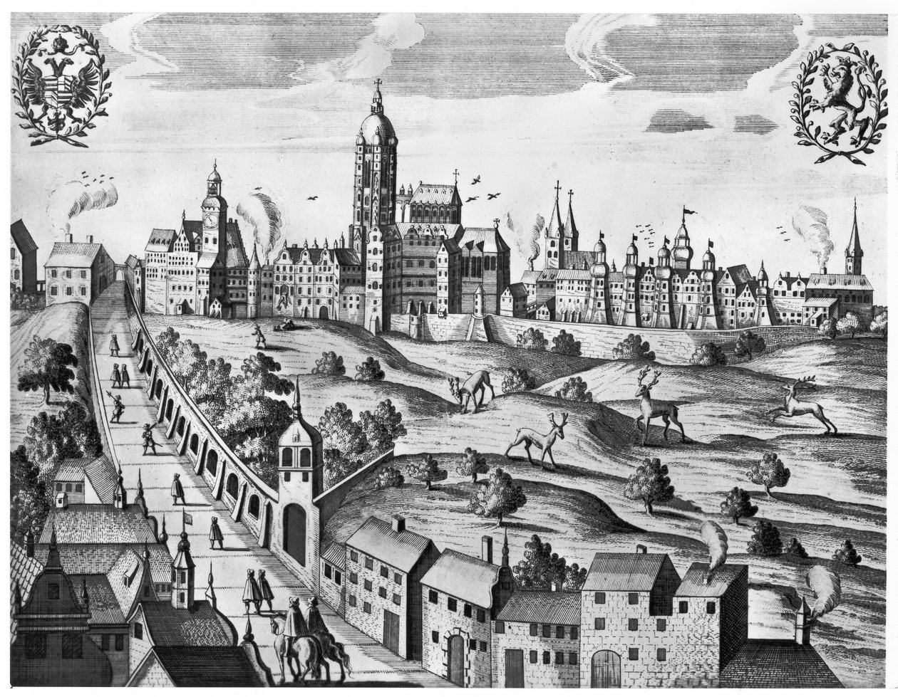 Vy över Prag som visar det kejserliga palatset och teologiska högskolan, c.1618 av Czech School