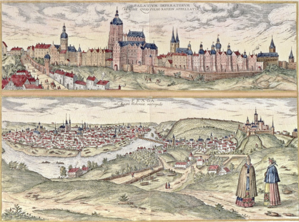 Vy över Prag som visar (ovanför) det kejserliga palatset (Hradschin) och (nedan) floden Moldau som skiljer de gamla och moderna delarna av staden (gravyr) av Czech School