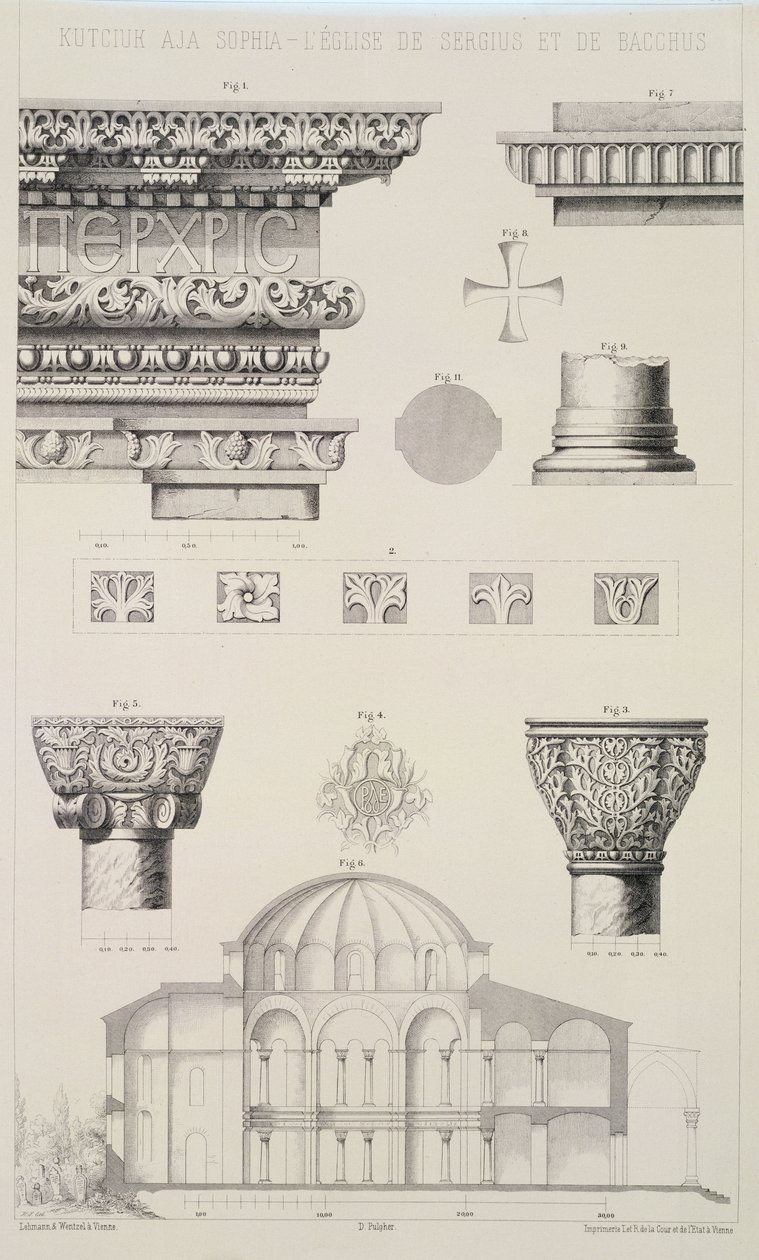 Tvärsnitt och arkitektoniska detaljer av Kutciuk Aja Sophia, kyrkan av Sergius och Bacchus, från "Church Architecture of Constantinople", pub. av Lehmann och Wentzel av Wien, c.1870-80 av D. Pulgher