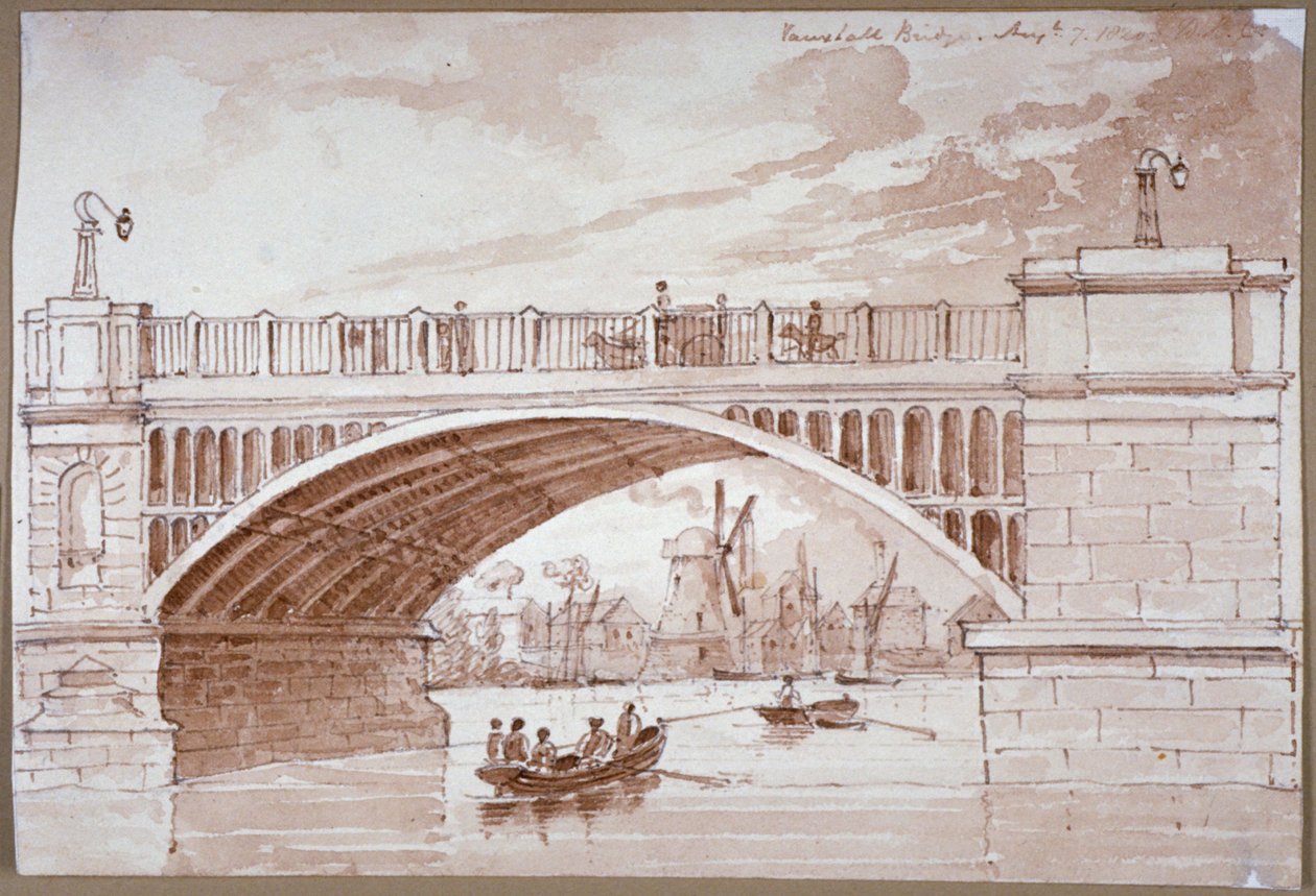 Utsikt över en liten båt som passerar under Vauxhall Bridge, London, 1820. av DHC