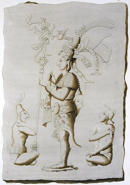 En kung, skulptur från palatset, Palenque, Chiapas, Mexiko (färggravyr) av D.K. (after) Bonatti