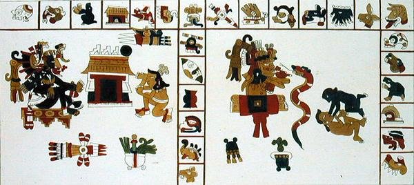 Hieroglyfiskt manuskript som föreställer guden Chuacohuati (färggravyr) av D.K. (after) Bonatti