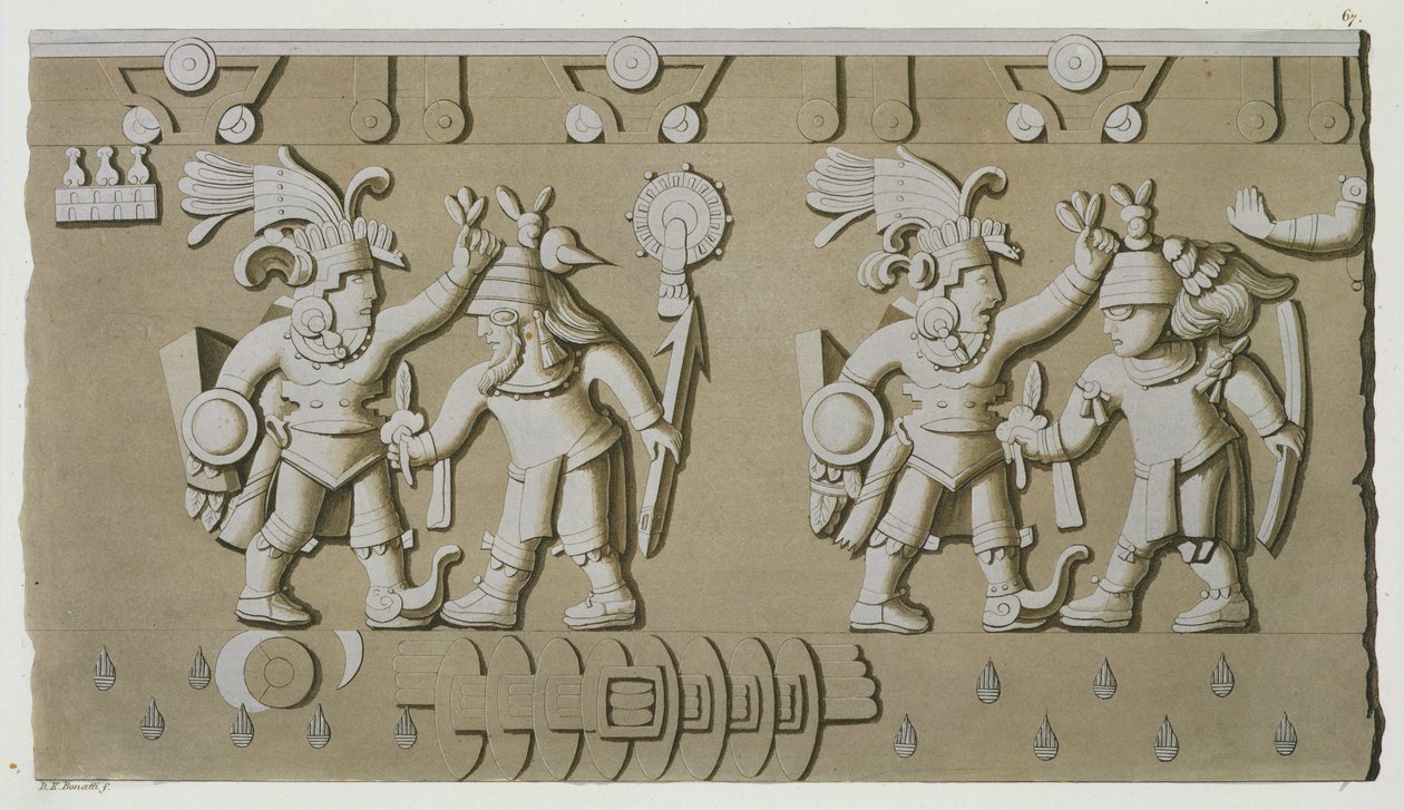 Basrelief av gamla aztekiska krigare, från stenen från Tizoc som minns en härskare som håller sina fångar i huvudet. av D.K. Bonatti