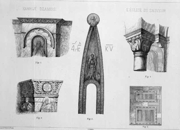 Kapitaler och arkitektoniska detaljer från Kahrije Dzamissis narthex, Frälsarens kyrka, från "Church Architecture of Constantinople", pub. av Lehmann och Wentzel av Wien, ca 1870-80 (litho) av D. (after) Pulgher