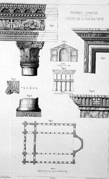 Plan och arkitektoniska detaljer av Imbrohor Dzamissi, kyrkan St. John the Baptist, från "Church Architecture of Constantinople", pub. av Lehmann och Wentzel av Wien, ca 1870-80 (litho) av D. (after) Pulgher