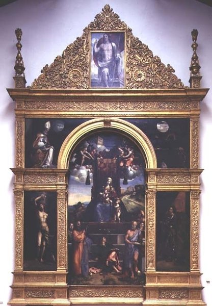 Jungfru och barn tronade med heliga (olja) av D. and Garofalo Dossi