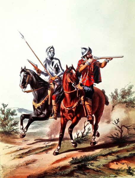 Franskt kavalleri beväpnat med hjullåspistoler (färg litho) av D. de (after) Noirmort
