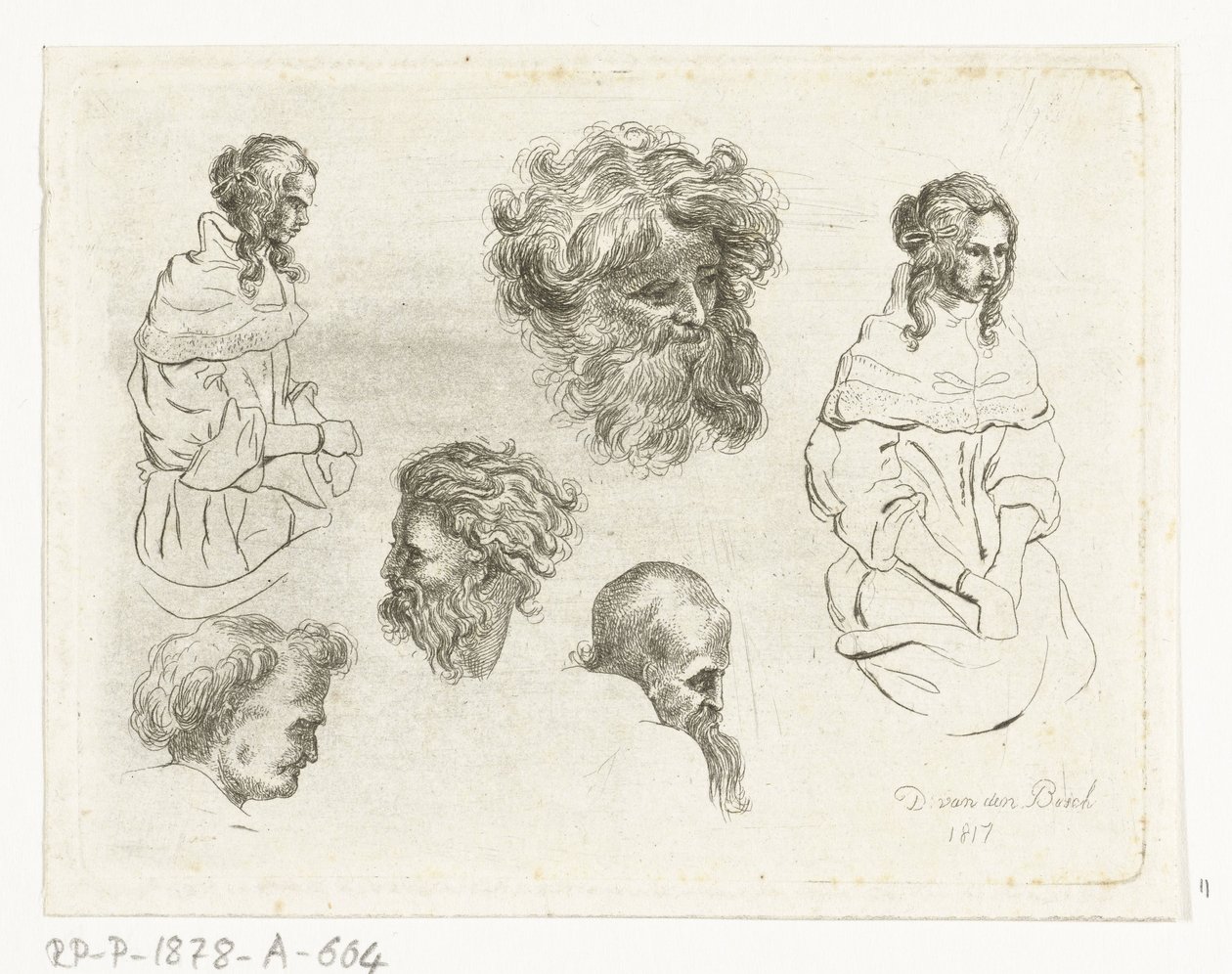 Studieblad med huvuden och kvinnokroppar av D. van den Bosch