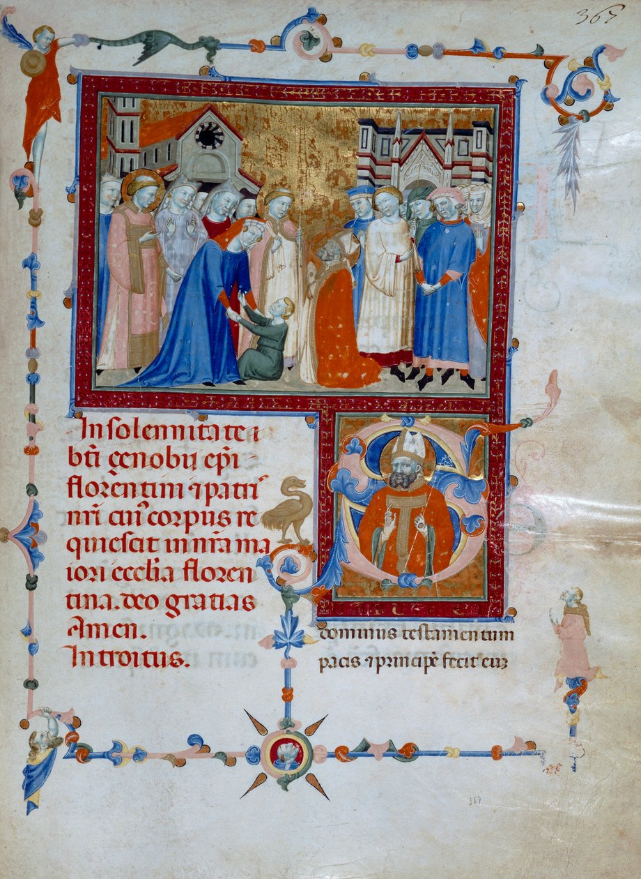 San Zanobi uppväcker en pojke från de döda (Codice Edili 107, ca 367), för ett romerskt missal av Daddesco Maestro