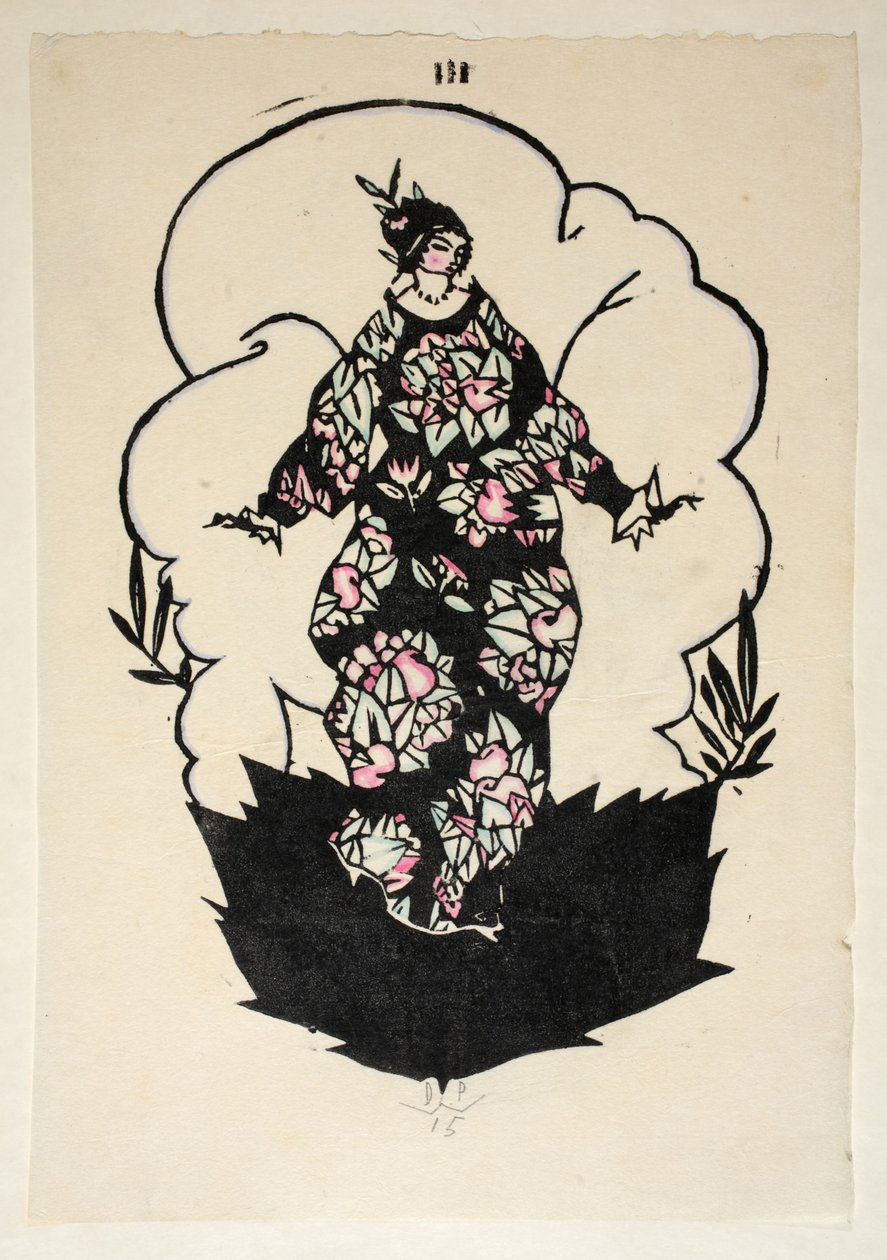 Design för en klänning, tallrik 3, bok 3, illustration från "Wiener Werkstatte Mode 191415", pub. Eduard Kosmack, Wien, 1914-1915 (handfärgat linosnitt) av Dagobert Peche
