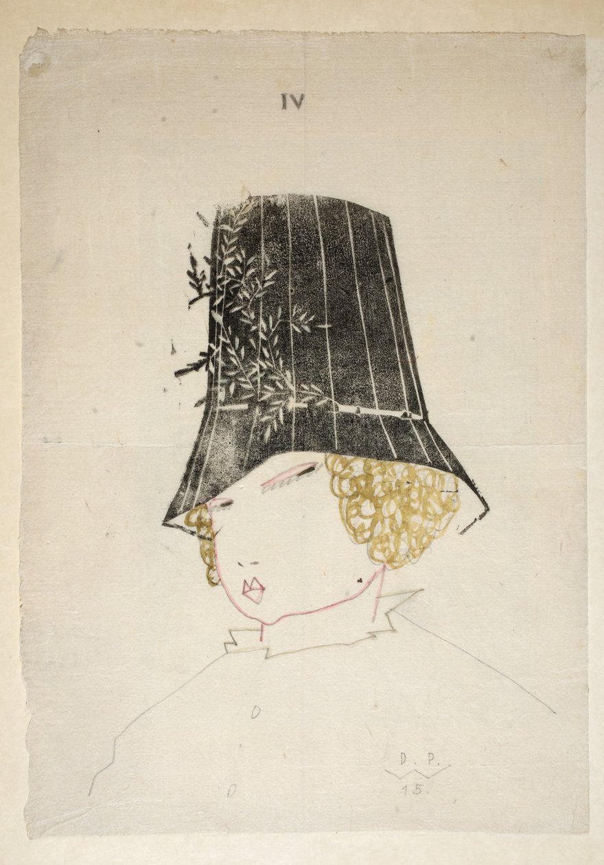 Design för en hatt, skylt 4, illustration från "Wiener Werkstatte Mode 191415", pub. Eduard Kosmack, Wien, 1914-1915 (handfärgat linosnitt) av Dagobert Peche