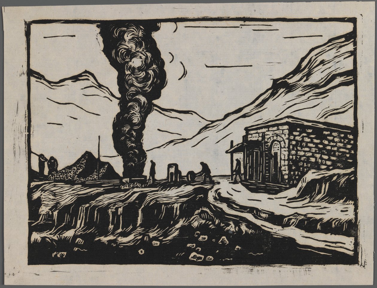 Stålraffinaderi, ca 1945 (träsnitt) av Dah Ma