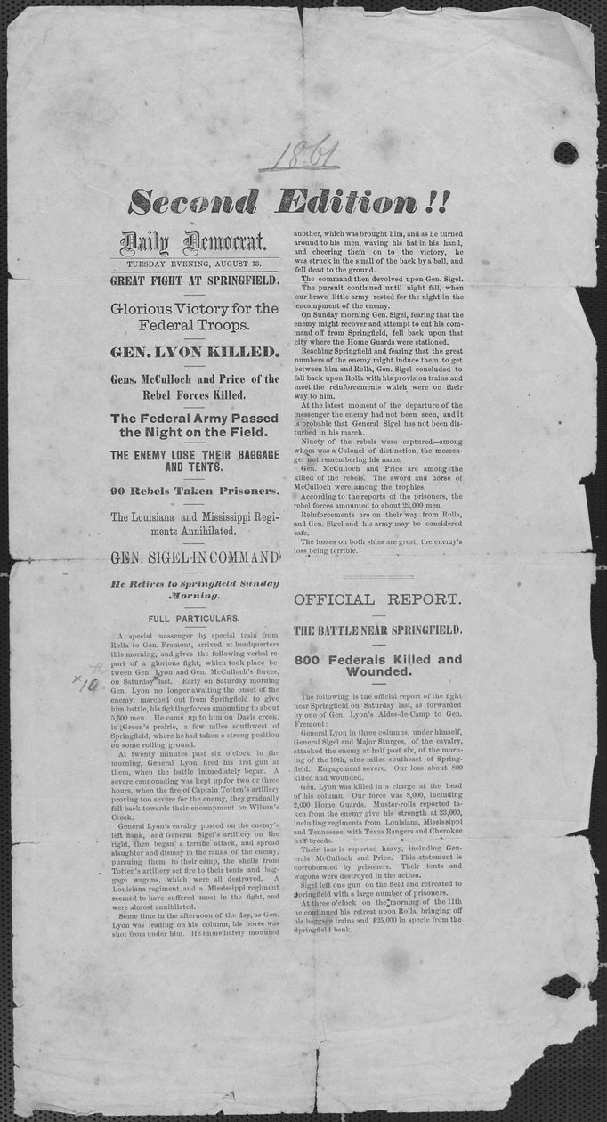 Contains account of the Battle of Wilson’s Creek, Missouri av Daily Democrat